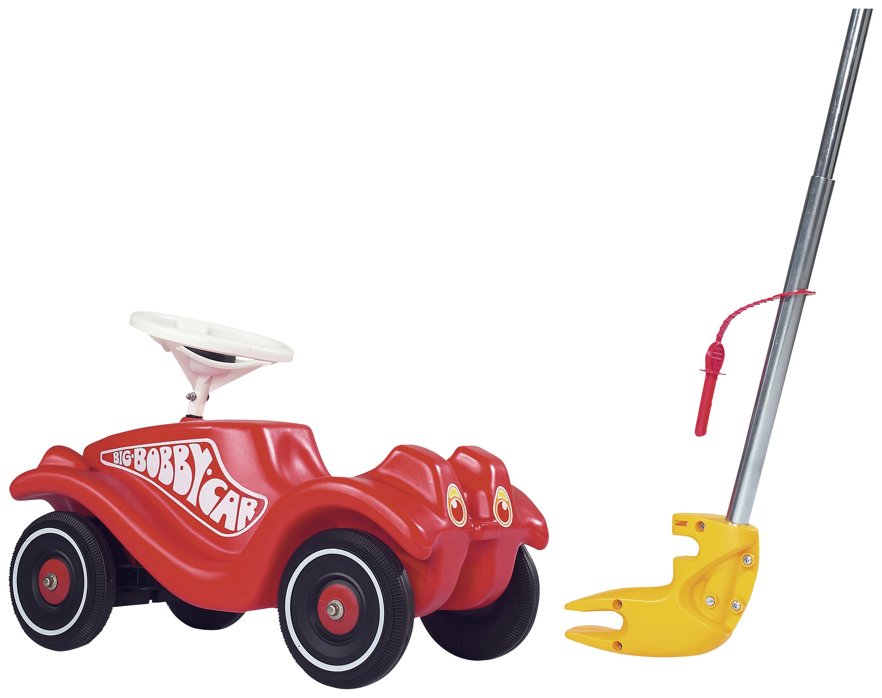 Rotes Kinderauto mit der Aufschrift 'BIG Bobby Car' und gelbe Lenkstange.