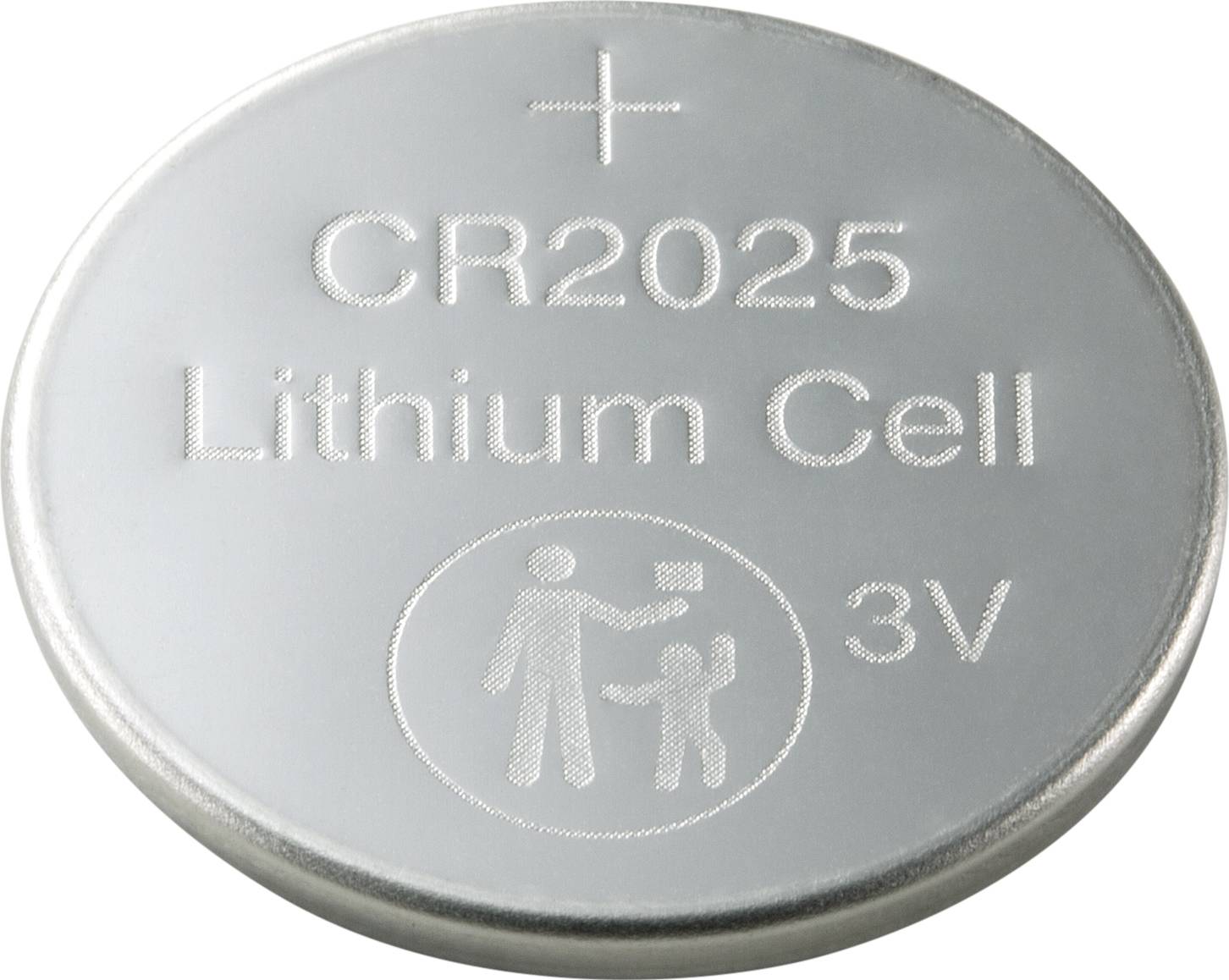 Silberne Knopfzellenbatterie mit Beschriftung 'CR2025 Lithium Cell 3V', Symbol für Recycling und Warnsymbol für Kinder.