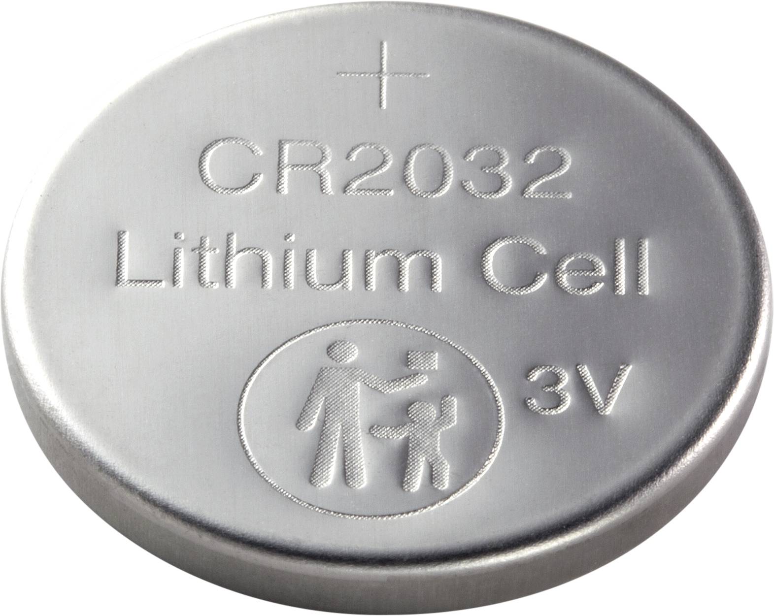 'CR2032 Lithium Cell 3V Knopfzellenbatterie' zeigt Symbole: Pluspol und Kinderwarnhinweis. Silberne, runde Form.
