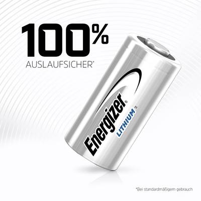 'Batterie der Marke Energizer Lithium. Text: 100% auslaufsicher.'