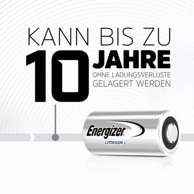 'Lithium Batterie von Energizer: Kann bis zu 10 Jahre ohne Ladungsverluste gelagert werden.'