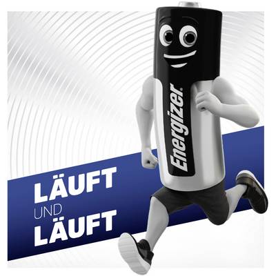 Laufende Batterie mit Gesicht und Armen; Text links: 'Läuft und läuft'. Symbolisiert langanhaltende Energie.