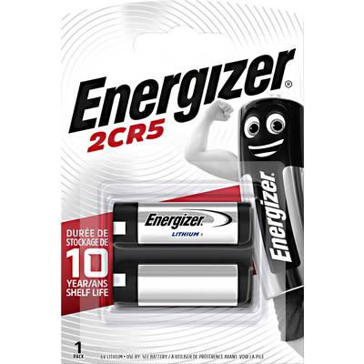 Energizer 2CR5 Batteriepackung mit Comic-Figur. Text: '2CR5', '10 Jahre Haltbarkeit'. Lithiumbatterien für Kameras.