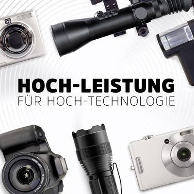 Kameras und Objektive auf weißem Hintergrund. Text in der Mitte: 'Hoch-Leistung für Hoch-Technologie'.