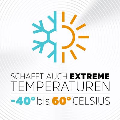 Halbes Schneeflocke- und Sonnenmotiv symbolisiert Temperaturbeständigkeit. Text: 'Schafft auch extreme Temperaturen -40 bis 60 Grad Celsius'.