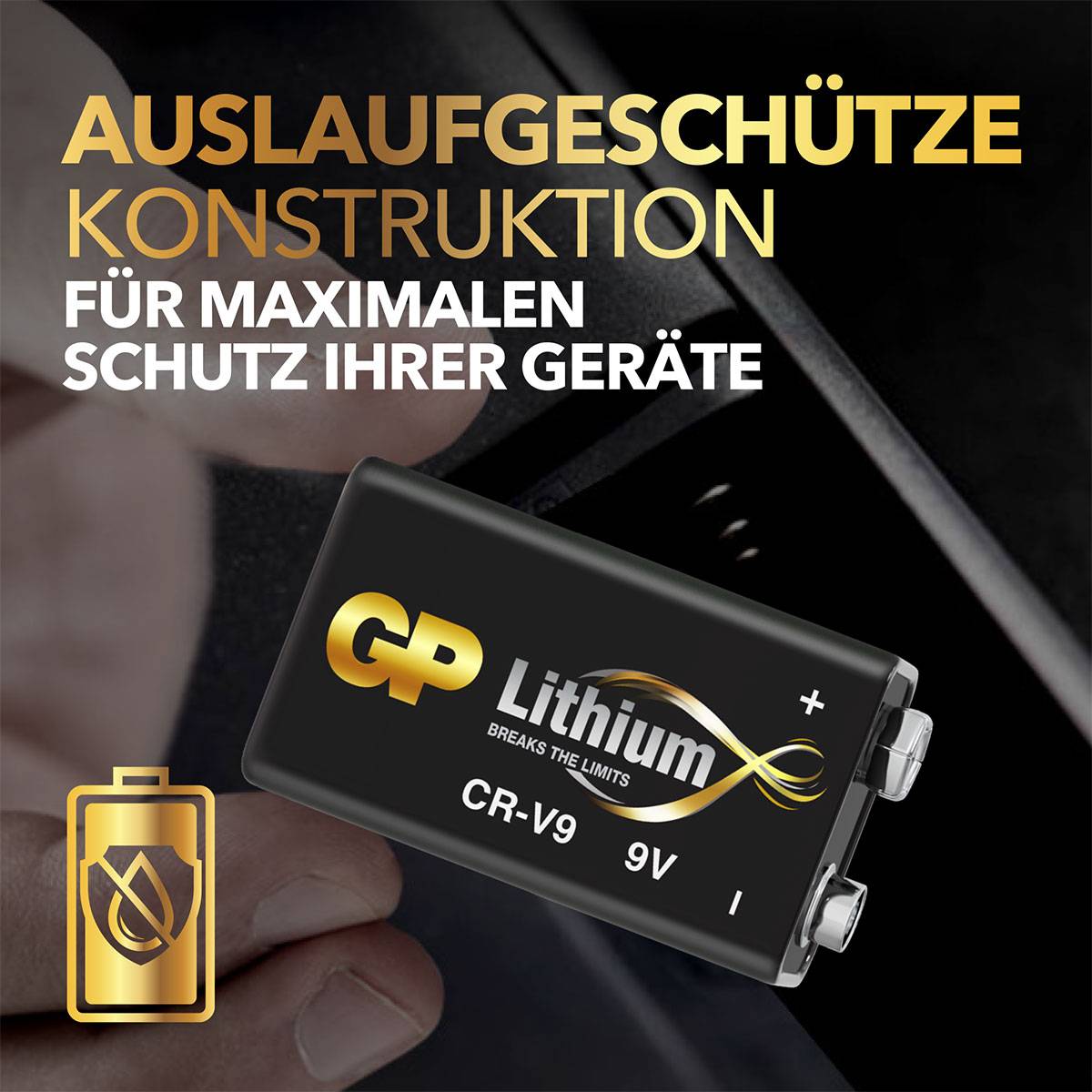 'GP Lithium CR-V9 9V Batterie, auslaufsicher für maximalen Geräteschutz. Bild zeigt Batterie im Einsatz.'
