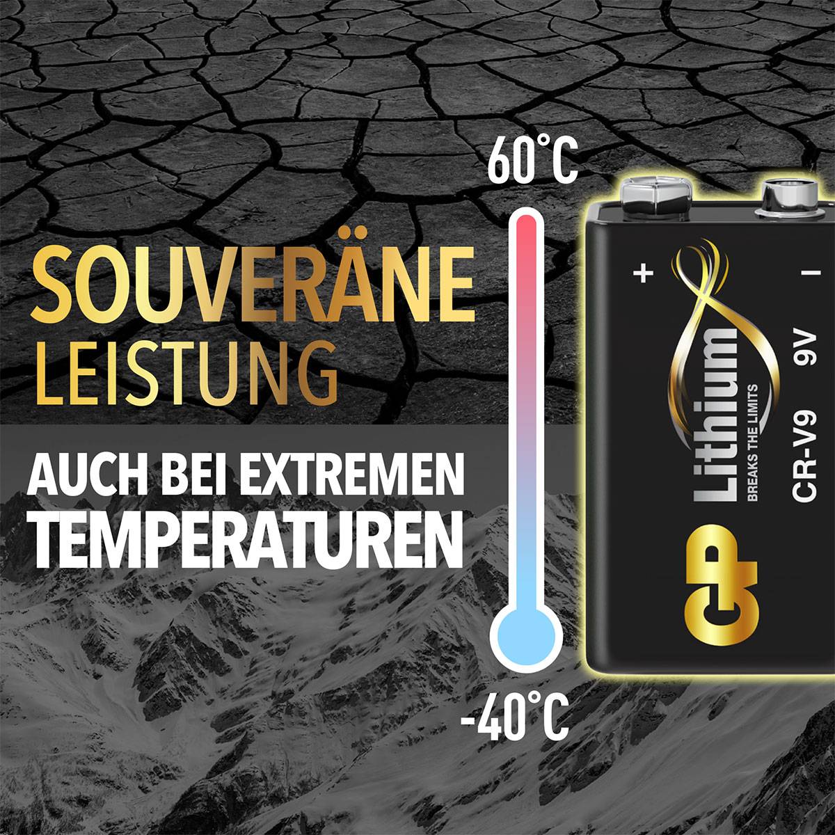 'Werbung für Lithium-9V-Batterie: Souveräne Leistung bei extremen Temperaturen von -40°C bis 60°C.'