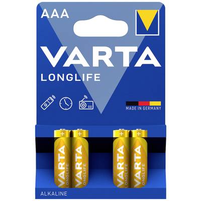 'Verpackung mit vier AAA Varta Longlife Alkaline-Batterien. Hinweis auf lange Lebensdauer. Made in Germany.'