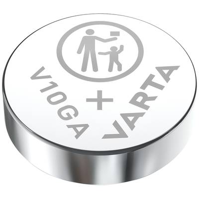 Eine Knopfzellenbatterie mit der Aufschrift 'V10GA' und 'VARTA'. Oben das Symbol eines durchgestrichenen Mülleimers.