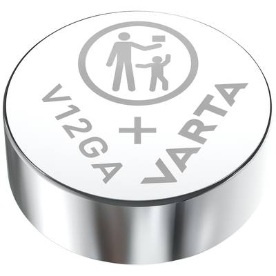 'VARTA V12GA'-Knopfzelle mit Warnsymbolen; Durchmesser ca. 1,1 cm.