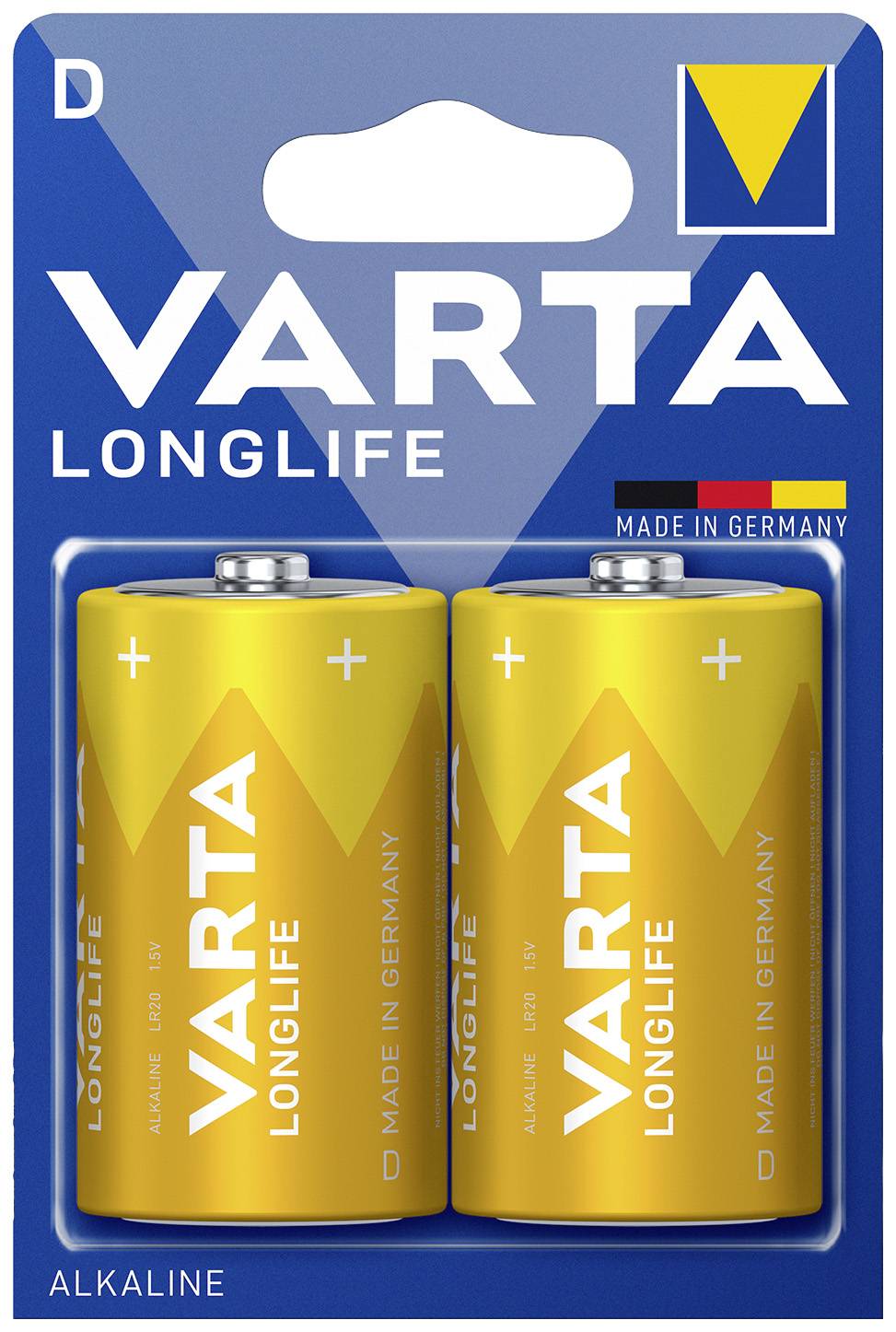 Zwei gelbe Varta D-Alkaline-Batterien in Blisterverpackung mit der Aufschrift 'LONGLIFE', 'MADE IN GERMANY'.