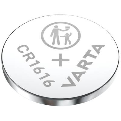 'VARTA CR1616'-Batterie, silbern, rund, mit Pluszeichen. Symbol für Kindersicherheit oben.