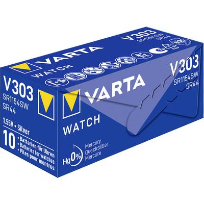 Eine blaue VARTA-Verpackung für Silberoxid-Knopfzellen der Größe V303, geeignet für Uhren, mit 1,55V und ohne Quecksilber. Enthält 10 Stück.