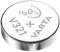 Silberne Knopfzelle mit der Aufschrift 'Hg 0%', 'V321', '+' und 'VARTA'. Batterietyp symbolisiert quecksilberfreie Energiequelle.