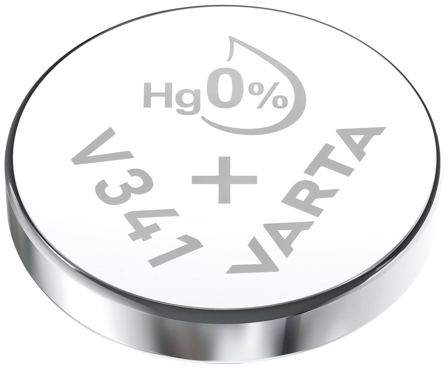 Silberne Knopfzellenbatterie mit Aufschrift: 'Hg 0%', 'Varta', 'V341', Pluszeichen. Batterietyp für elektronische Geräte.