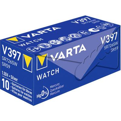'VARTA V397' Uhrenbatterie, 1.55V, quecksilberfrei, Typ SR726SW, 10 Stück in blauer Verpackung.
