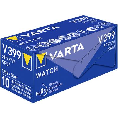 'Verpackung von Varta-Uhrbatterien, Modell V399, 1,55V, silber. Enthält 10 Batterien. Quecksilberfrei (Hg 0%)'
