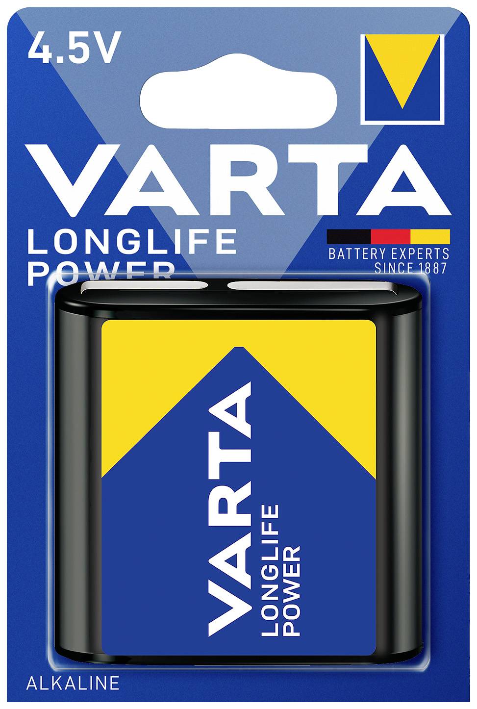 Abbildung einer VARTA 4.5V Longlife Power Alkaline Batterie in Verpackung. Verpackung betont 'LONGLIFE POWER' und 'BATTERY EXPERTS SINCE 1887'.