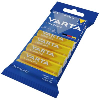 'Varta Longlife AA Alkalibatterien, Packung mit 8 Stück. Gelb-blaues Design, hergestellt in Deutschland. Geeignet für viele Geräte.'