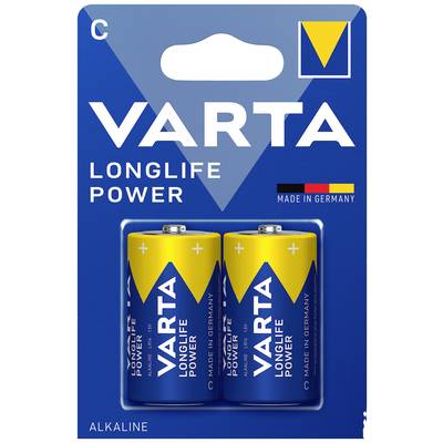 Zwei Varta Longlife Power Batterien der Größe C in einer Blisterpackung. Die Packung ist blau mit gelbem und weißem Text.