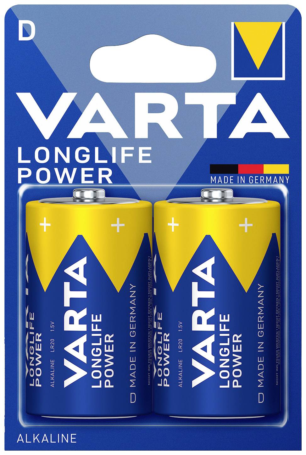 'Zwei Varta Alkaline D-Batterien in blau-gelber Verpackung mit der Aufschrift "LONGLIFE POWER", hergestellt in Deutschland.'
