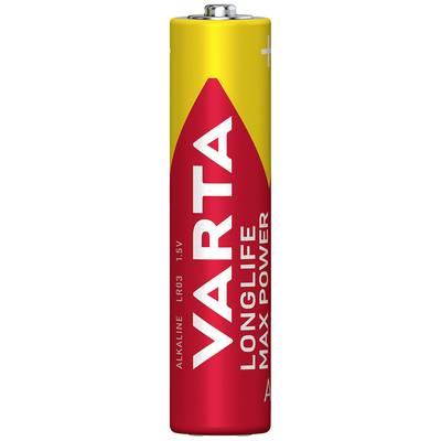 Eine rote VARTA-Batterie mit gelbem Streifen, Modell 'LONGLIFE Max Power', 1,5V Alkaline, Typ AAA, markiert mit positiven und negativen Polen.