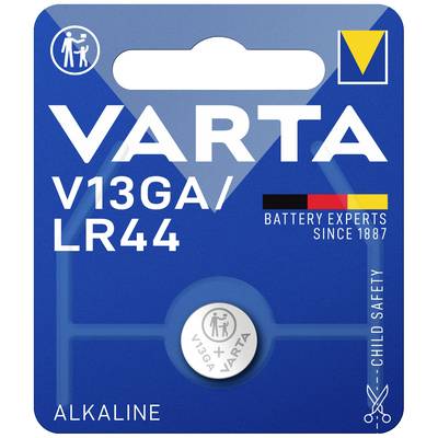 Alkaline Knopfzelle Varta V13GA/LR44 in Blisterverpackung. Markiert als kindersicher. Text: 'Battery Experts Since 1887'.
