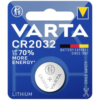 Blisterverpackung mit einer Lithium-Knopfzelle der Marke Varta, Typ CR2032. Text: 'Up to 70% more energy', 'Child safety'.