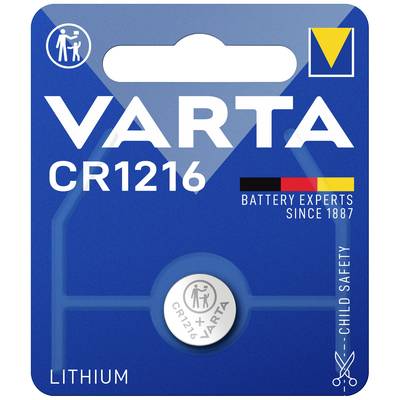 VARTA CR1216 Batterieverpackung; Lithium-Knopfzelle. Kindersicher. Markenlogo und 'BATTERY EXPERTS SINCE 1887' auf blauem Hintergrund.