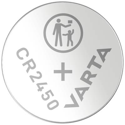 Silberne Knopfzellenbatterie mit der Aufschrift 'CR2450 VARTA' und einem Symbol, das einen Erwachsenen mit einem Kind zeigt.
