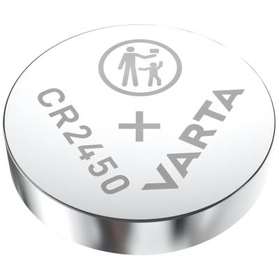 Eine Knopfzellenbatterie mit der Aufschrift 'CR2450 VARTA'. Oben ist ein Symbol mit einer erwachsenen und einer kindlichen Figur zu sehen.