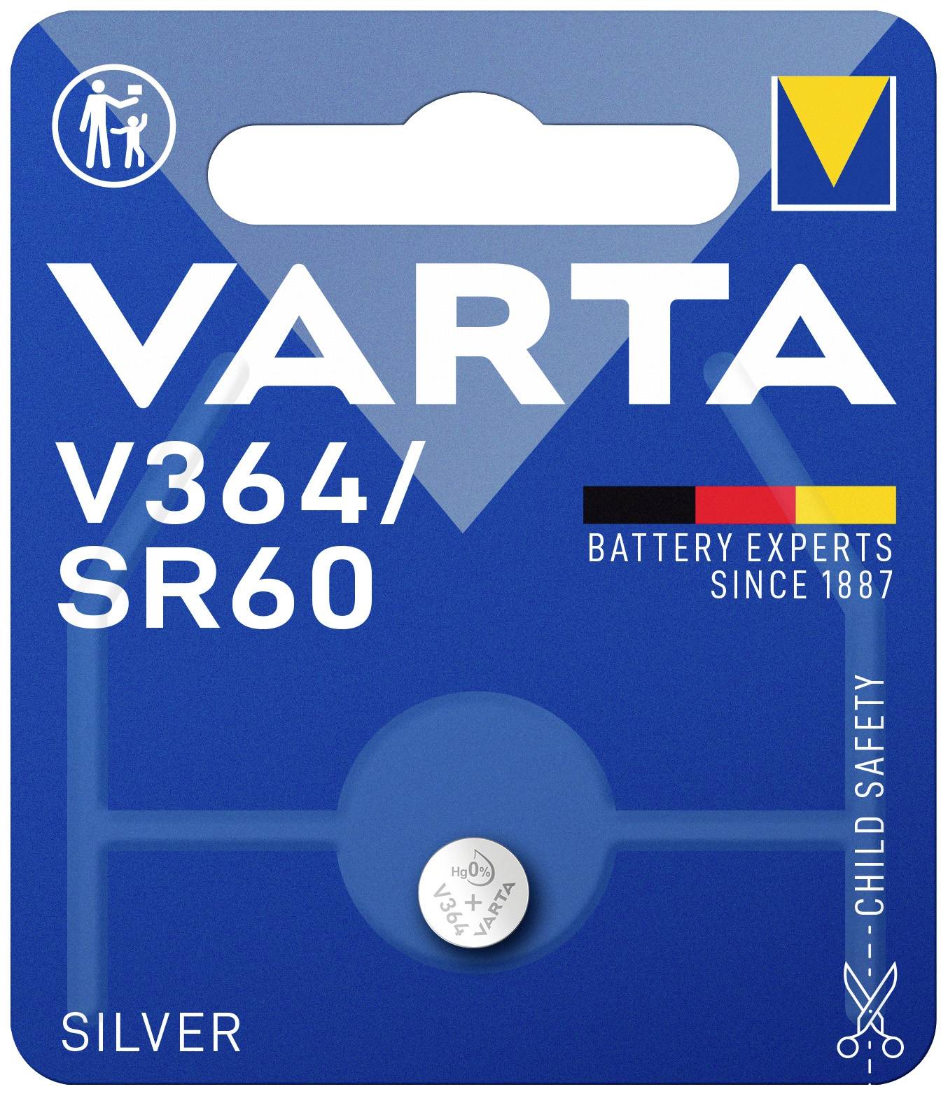 Verpackung einer Varta-Batterie vom Typ V364/SR60, speziell für Kindersicherheit gestaltet. Enthält das Wort 'SILVER'.