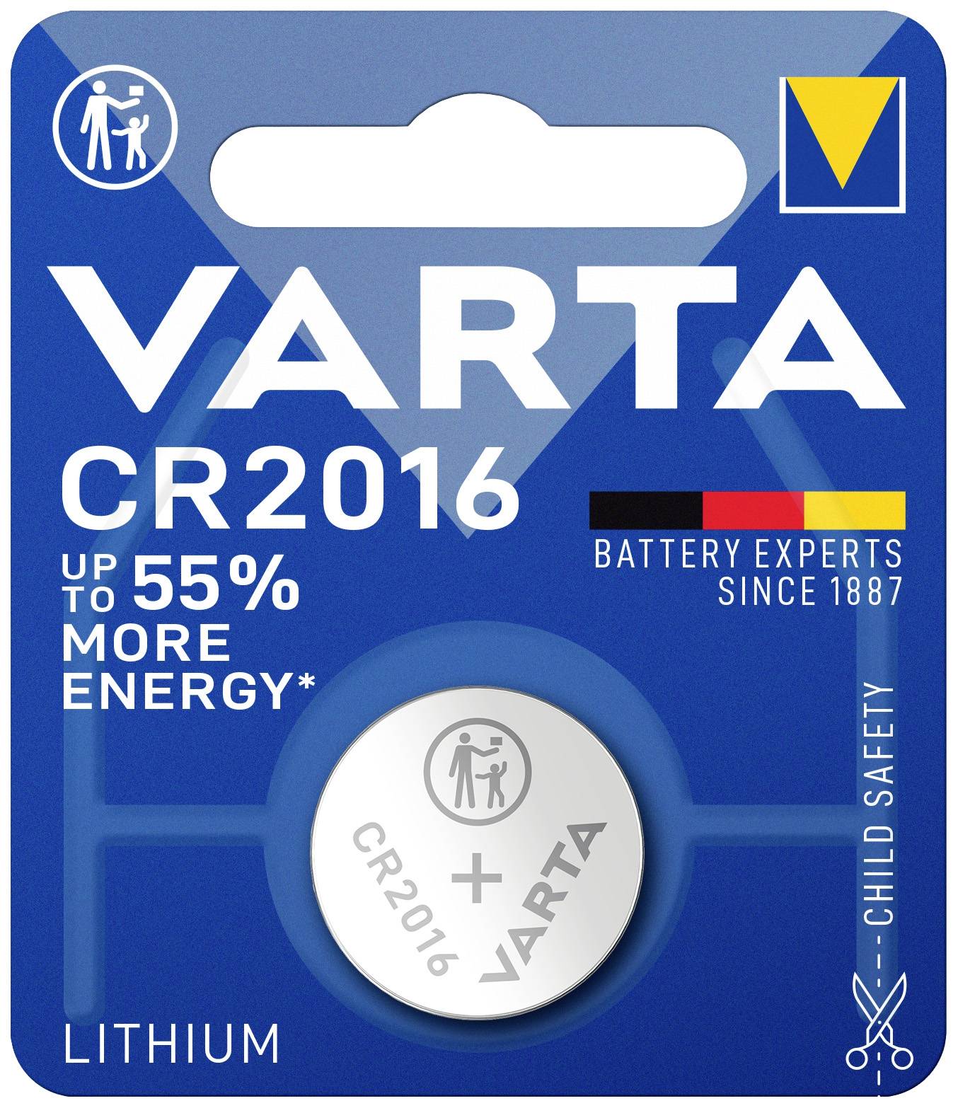 'VARTA CR2016 Lithium-Batterie in Verpackung, bietet bis zu 55 % mehr Energie.'