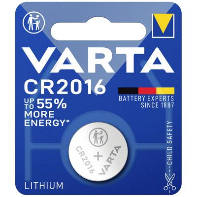 'VARTA CR2016 Lithium-Batterie in Verpackung, bietet bis zu 55 % mehr Energie.'