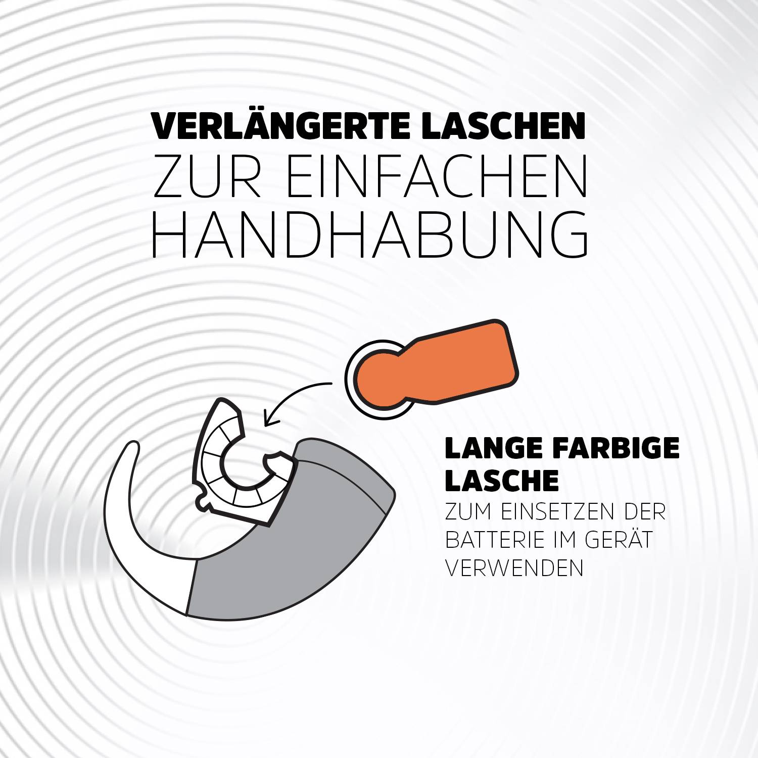 Verpackungsanweisung: Verwenden Sie die 'lange farbige Lasche', um die Batterie einfach ins Gerät einzusetzen.