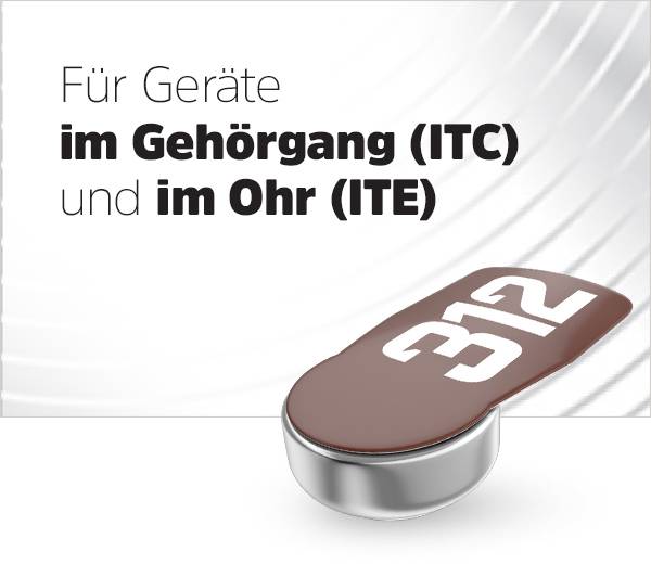 Braunes Hörgerät mit der Zahl '312', geeignet für Geräte im Gehörgang (ITC) und im Ohr (ITE), auf einem Hintergrund mit konzentrischen Kreisen.