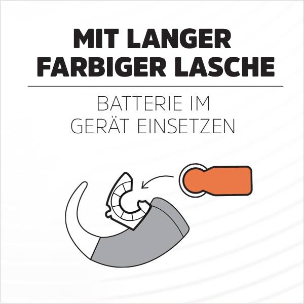 Das Bild zeigt eine Anleitung zur Batterieeinsetzung mit der Überschrift 'MIT LANGER FARBIGER LASCHE'. Eine Batterie wird in ein Gerät eingesetzt.