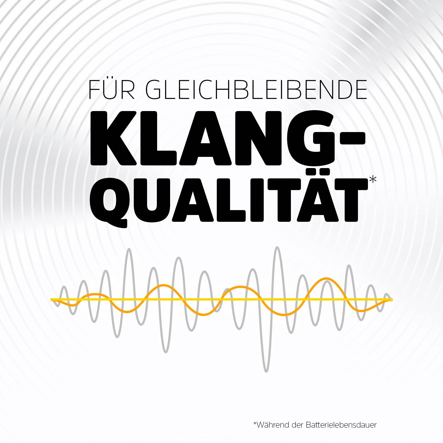 'Für gleichbleibende Klangqualität. *Während der Batterielebensdauer' steht auf einem Hintergrund mit Schallwellenmuster.