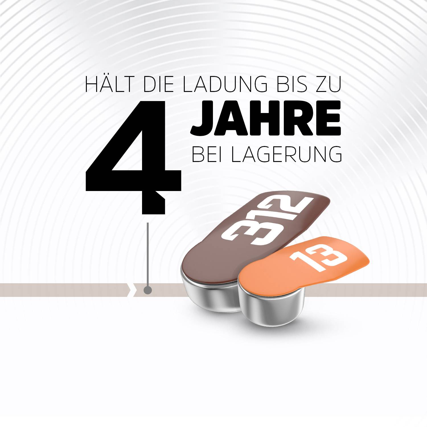 'Produkt hält die Ladung bis zu 4 Jahre bei Lagerung', mit Abbildungen von zwei Batterien.