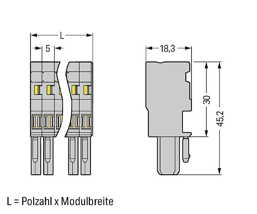 'Steckerzeichnung mit Abmessungen: Höhe 45,2 mm, Breite 18,3 mm, Länge L definiert als Polzahl multipliziert mit Modulbreite.'