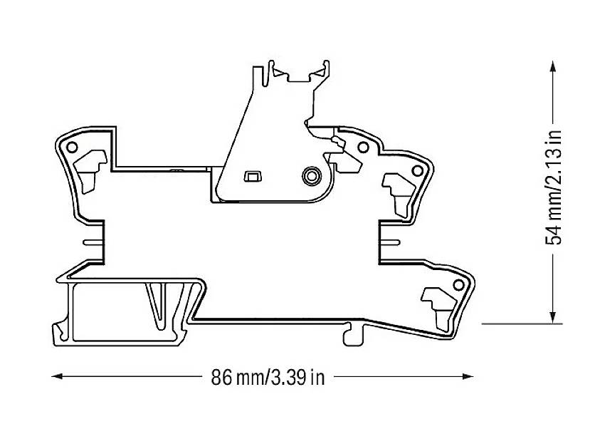Technische Zeichnung eines Bauteils mit den Maßen 86 mm (3,39 Zoll) Breite und 54 mm (2,13 Zoll) Höhe, seitliche Ansicht.