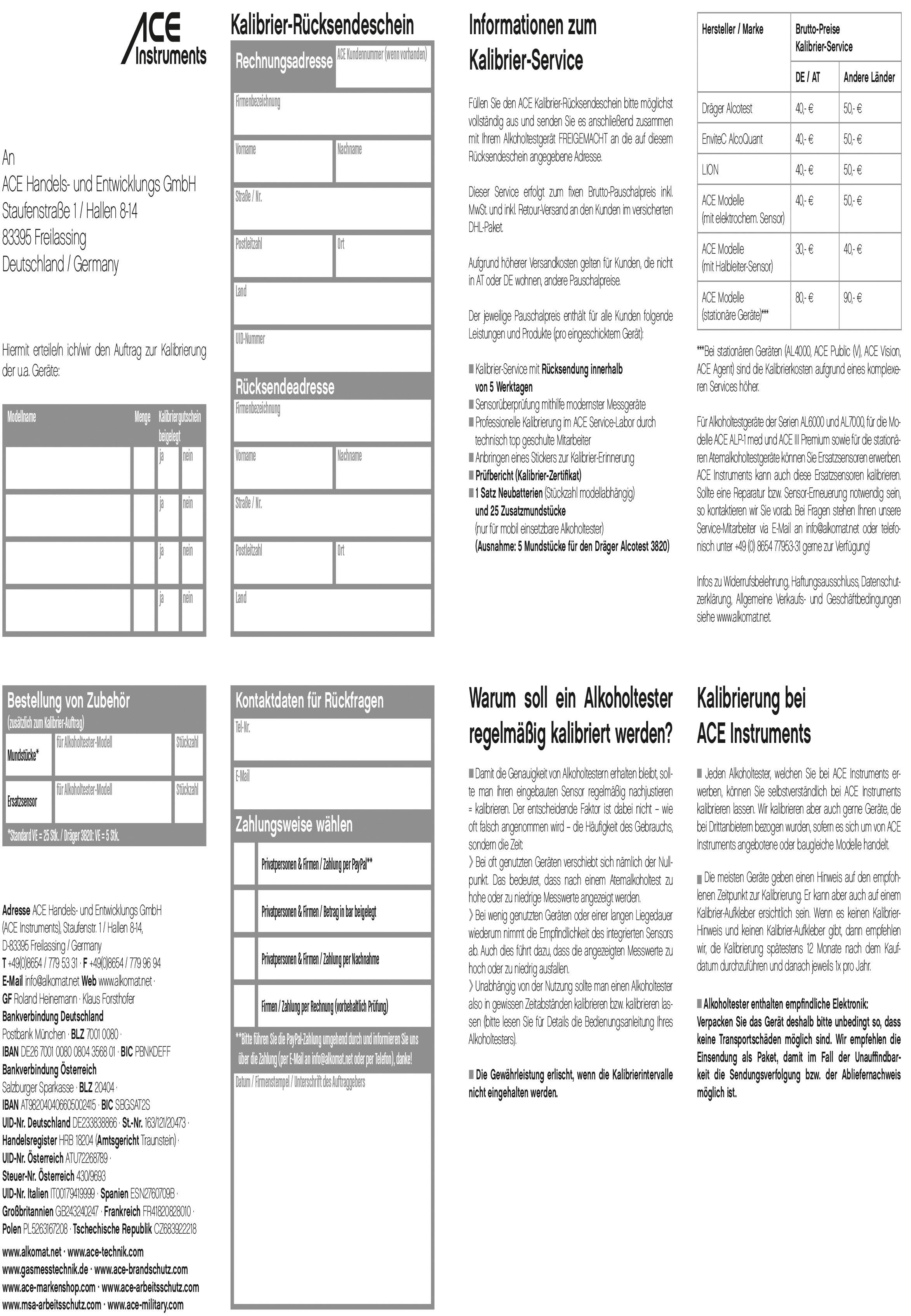 'ACE Instruments Formular mit Kalibrier-Rücksendeschein, Bestelloptionen, Kontaktinfos und Kalibrier-Service. Produktnamen und Preise aufgelistet.'
