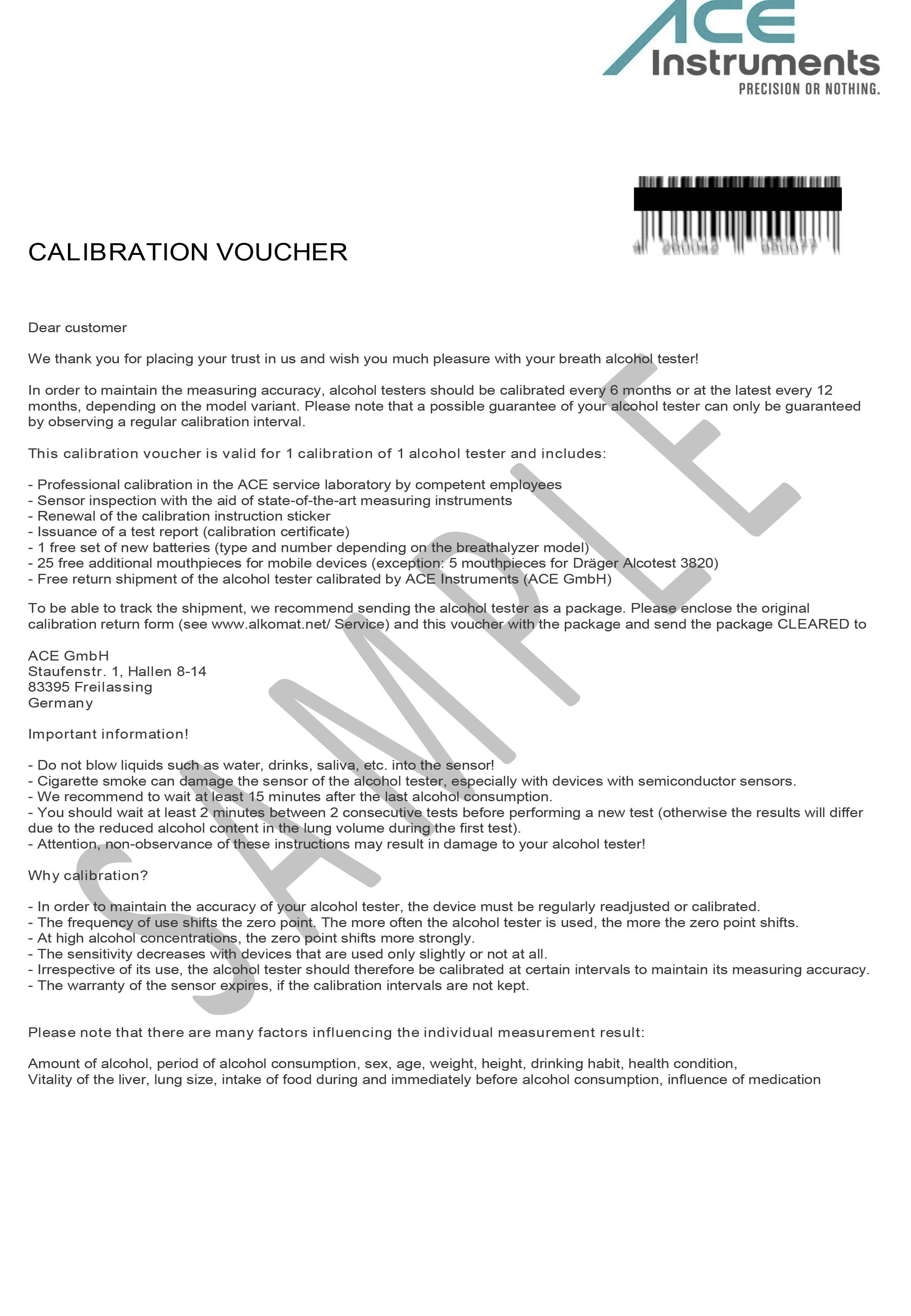 Geschenkgutschein für Kalibrierung von Alkoholtestern bei ACE Instruments. Anweisungen zur Einsendung und Kalibrierungsschritte enthalten.