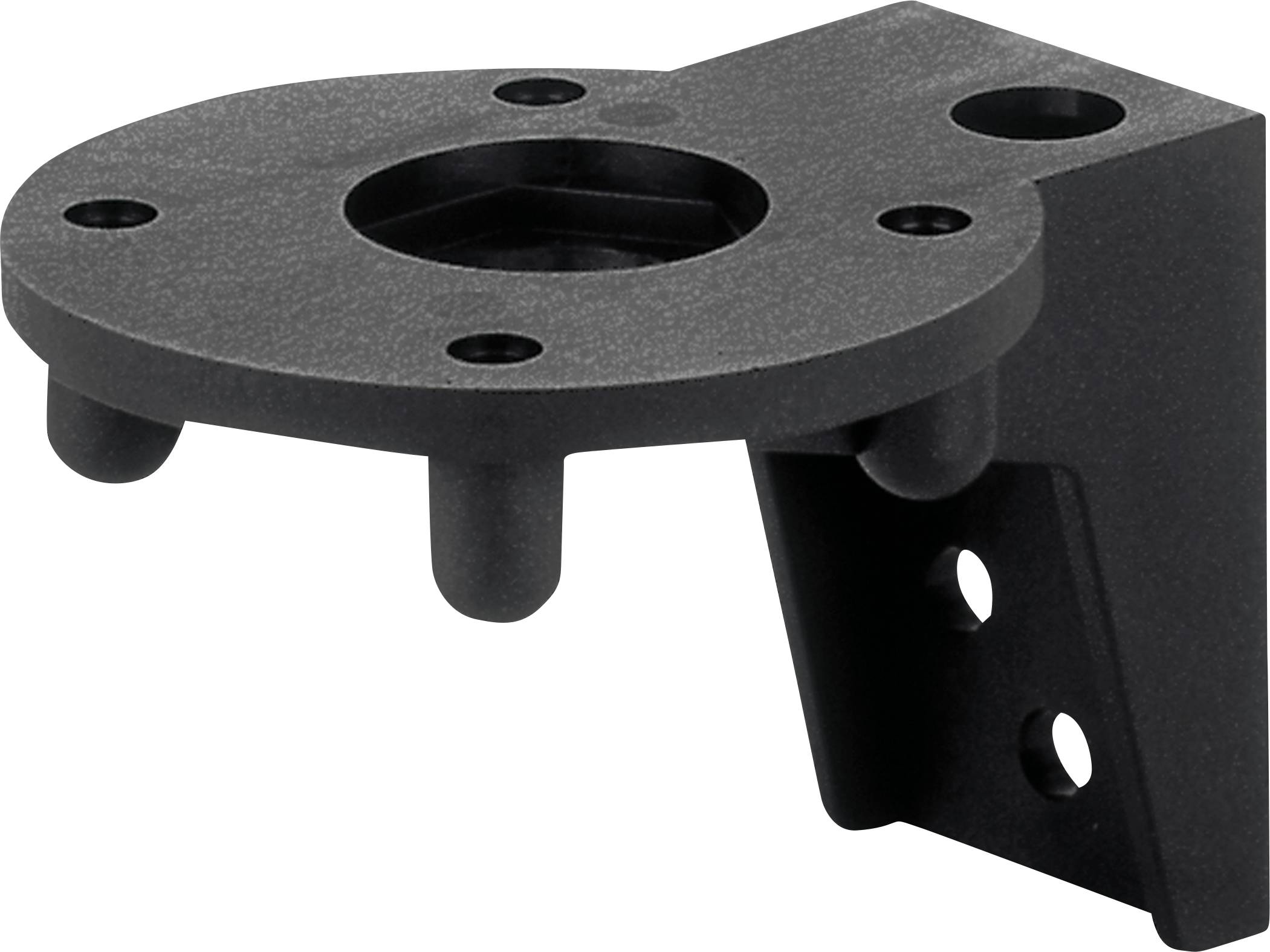 Schwarzes Metallteil mit runder Platte und Löchern, vermutlich Teil einer Halterung oder Befestigung.
