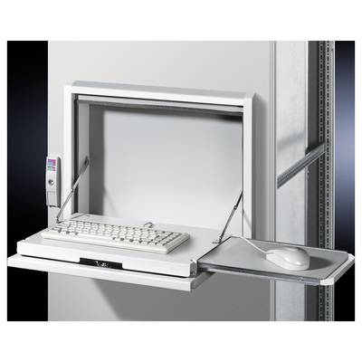 'Server-Raum Arbeitsplatz': Ein weißes, ausziehbares Schreibtischmodul mit Tastatur und Maus in einem Server-Schrank eingebaut.