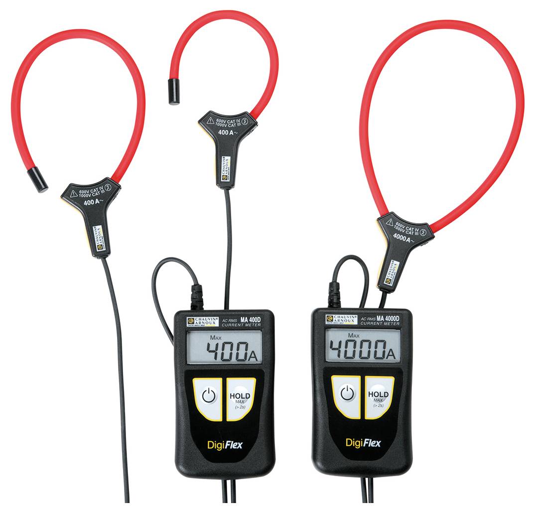 Zwei digitale Zangenamperemeter mit flexiblen Strommessschleifen und Display, zeigen jeweils 400 A und 4000 A an.