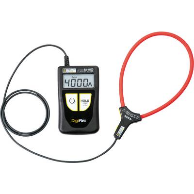 Ein digitales Zangenamperemeter mit rotem flexiblem Sensor und Display zeigt '4000A'. Zum Messen von hohen Wechselströmen geeignet.