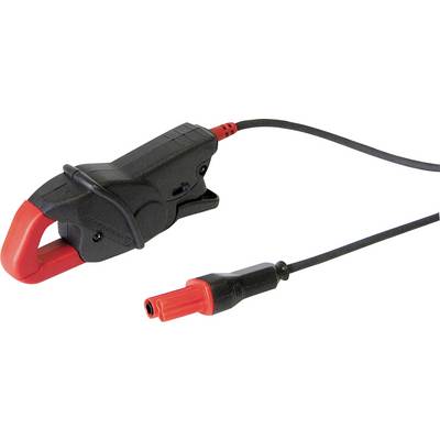 Ein schwarzer elektrischer Klemmsensor mit rotem Greifer und einem Anschlusskabel. Gerät zur Messung elektrischer Ströme.