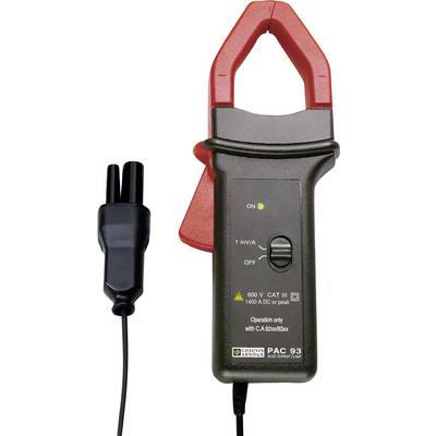 Stromzange mit rotem Griff, angezeigt auf Position 'ON', geeignet für 600 V CAT III und 1400 A DC oder Spitze, Modell PAC 93.