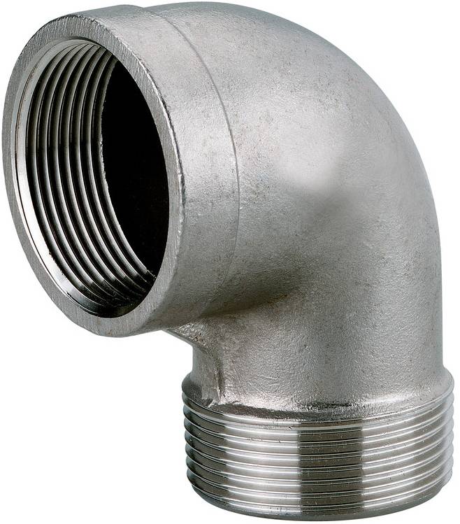 Metall-Rohrbogenfitting mit 90-Grad-Winkel mit weiblicher Gewindebohrung und männlichem Gewindeende auf weißem Hintergrund.